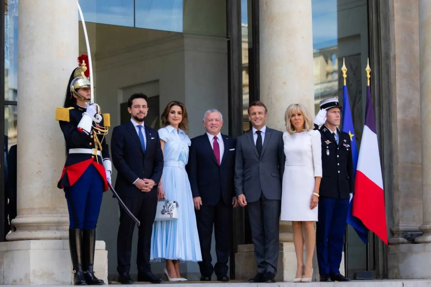 French President Emmanuel Macron and his wife Brigitte with King of Jordan, Queen Rania, and Crown Prince Hussein (Reuters)
