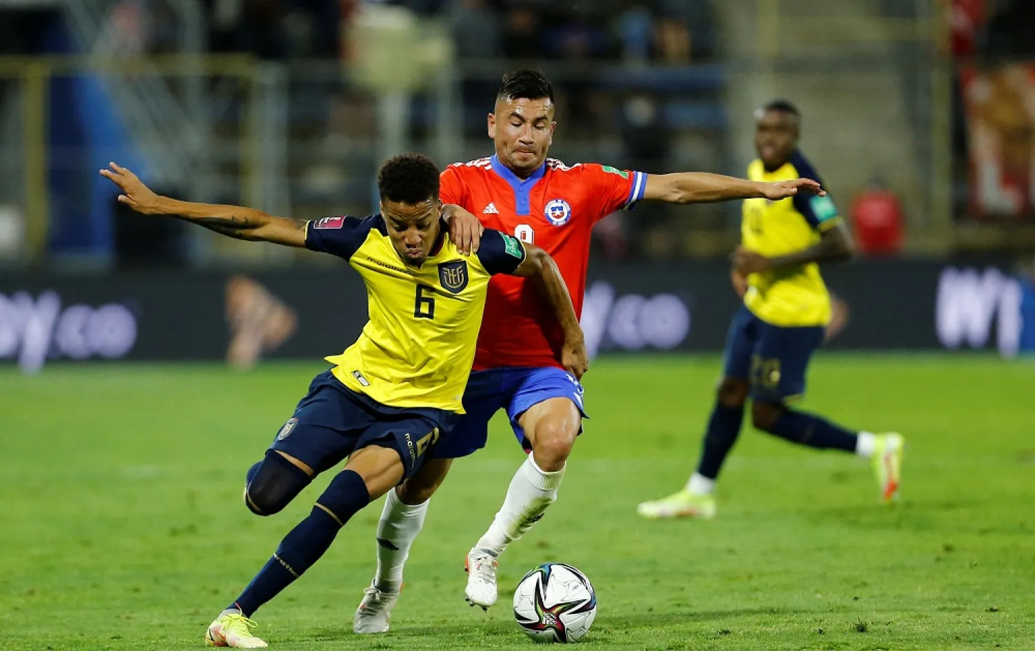 Football - World Cup - South American Qualifiers - Chile v Ecuador - Estadio San Carlos de Apoquindo, Santiago, Chile - November 16, 2021 Ecuador's Byron Castillo in action with Chile's Jean Meneses. (Reuters)