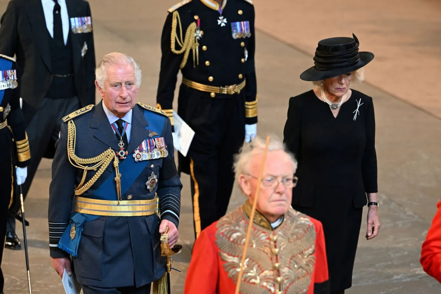 King Charles and Camilla, Queen Consort, attend the reception of the coffin of Queen Elizabeth for her lying in state at Westminster Hall in London, Britain September 14, 2022. UK Parliament/Jessica Taylor/Handout via REUTERS.