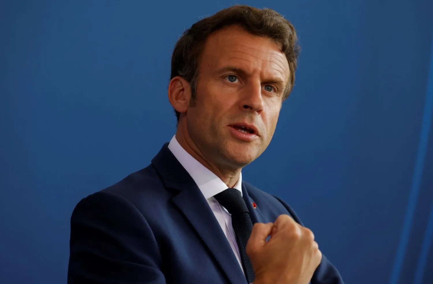 France's President Emmanuel Macron attends a news conference with Germany's Chancellor Olaf Scholz (not pictured) at the Chancellery in Berlin, Germany May 9, 2022. REUTERS/Michele Tantussi

