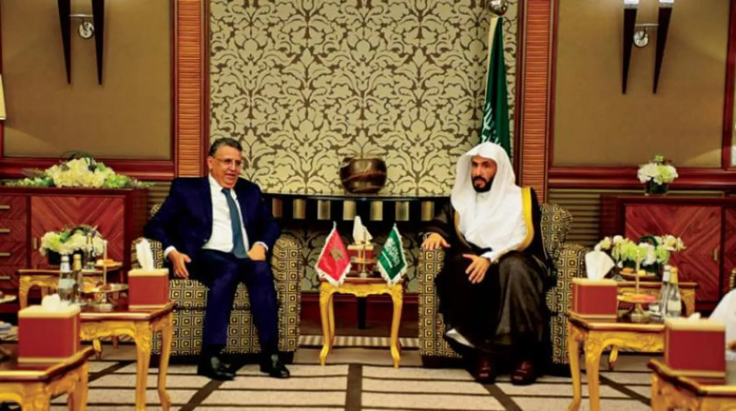Saudi Minister of Justice Walid bin Mohammed al-Samaani meets with his Moroccan counterpart Abdellatif Ouahbi. (Asharq Al-Awsat)