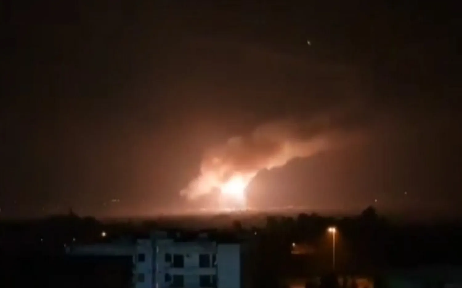 Illustrative: A fireball lights up the night sky near Damascus during an attack on a target near the capital on February 13, 2020. (Screen capture: Al-Ikhbariyah Syria TV)