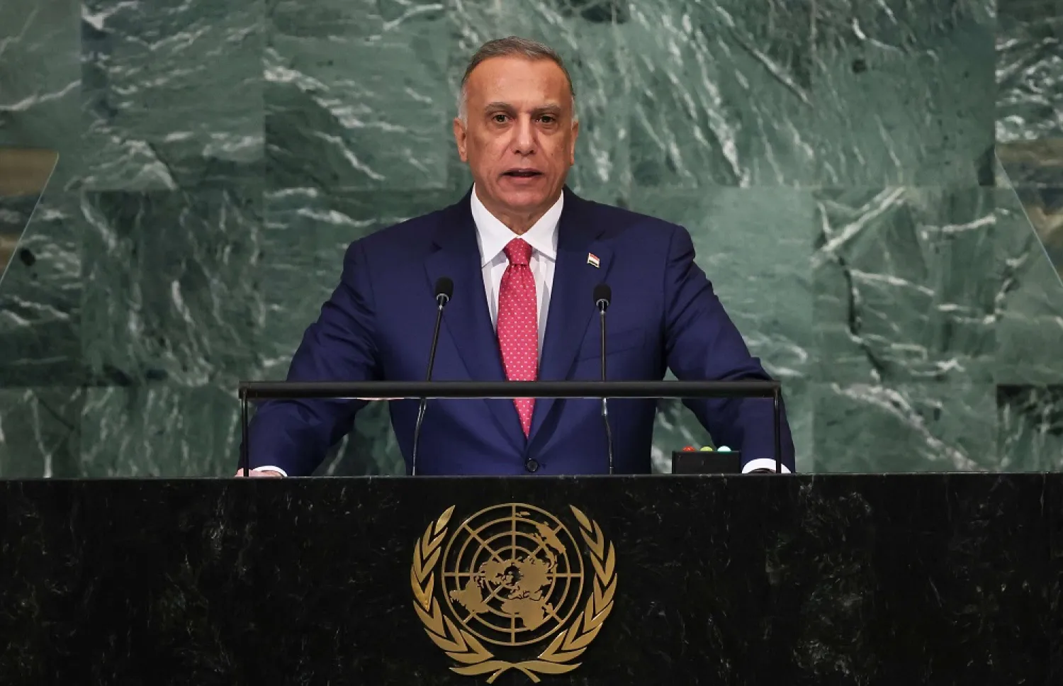 Prime Minister of the Republic of Iraq Mustafa al-Kadhimi speaks at the 77th session of the United Nations General Assembly at UN headquarters on September 23, 2022 in New York City. (Getty Images/AFP)