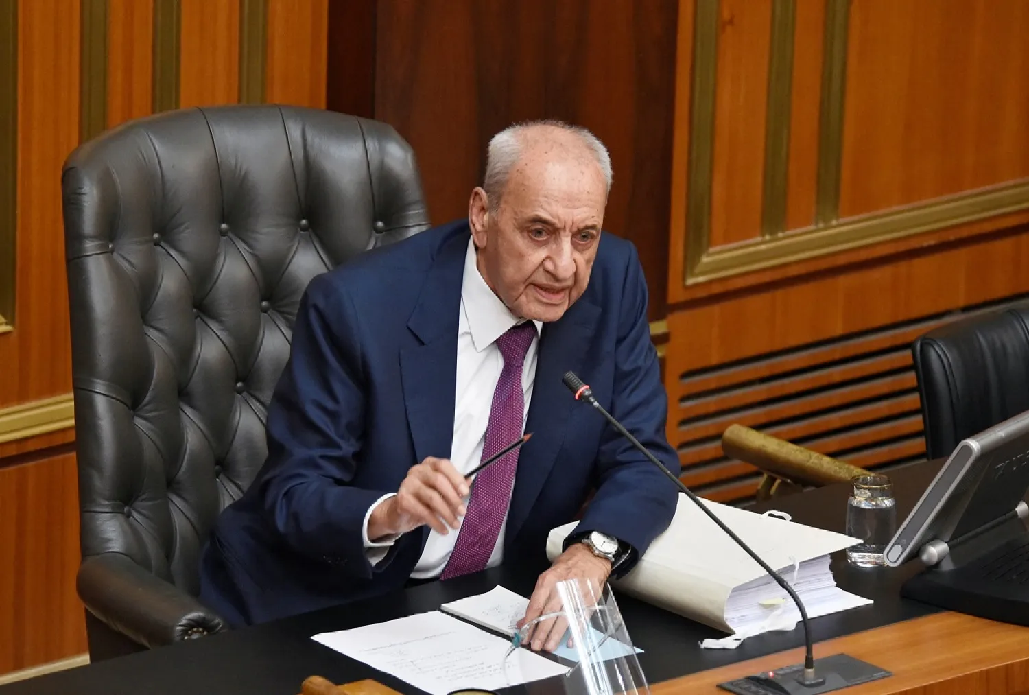 Lebanese parliament Speaker Nabih Berri speaks during a parliament session to discuss and approve budget in Beirut, Lebanon September 16, 2022. (Lebanese Parliament/Handout via Reuters)