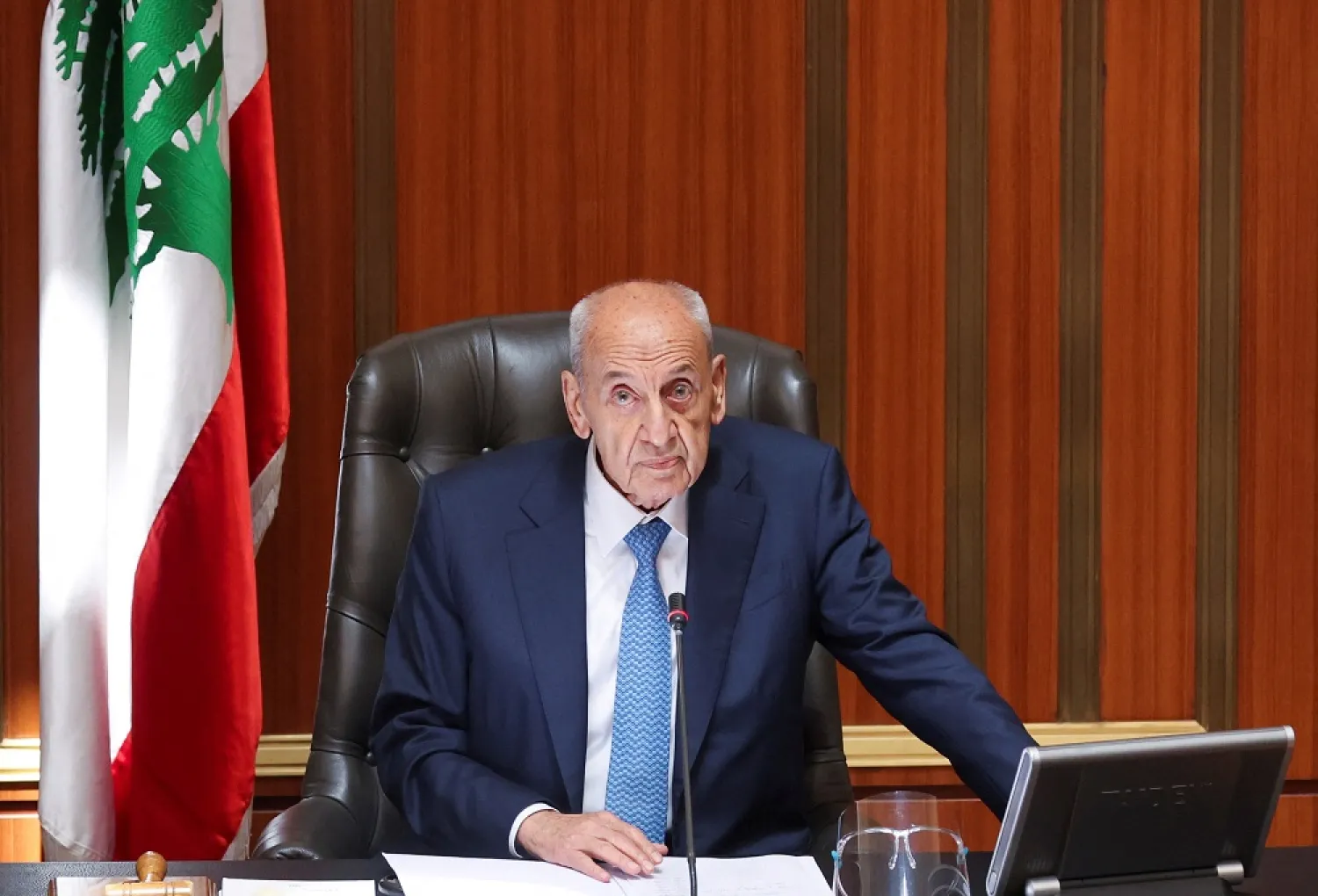 Re-elected Lebanon's parliamentary speaker, Nabih Berri is pictured as Lebanon's newly elected parliament convenes for the first time to elect a speaker and deputy speaker in Beirut, Lebanon May 31, 2022. (Reuters)