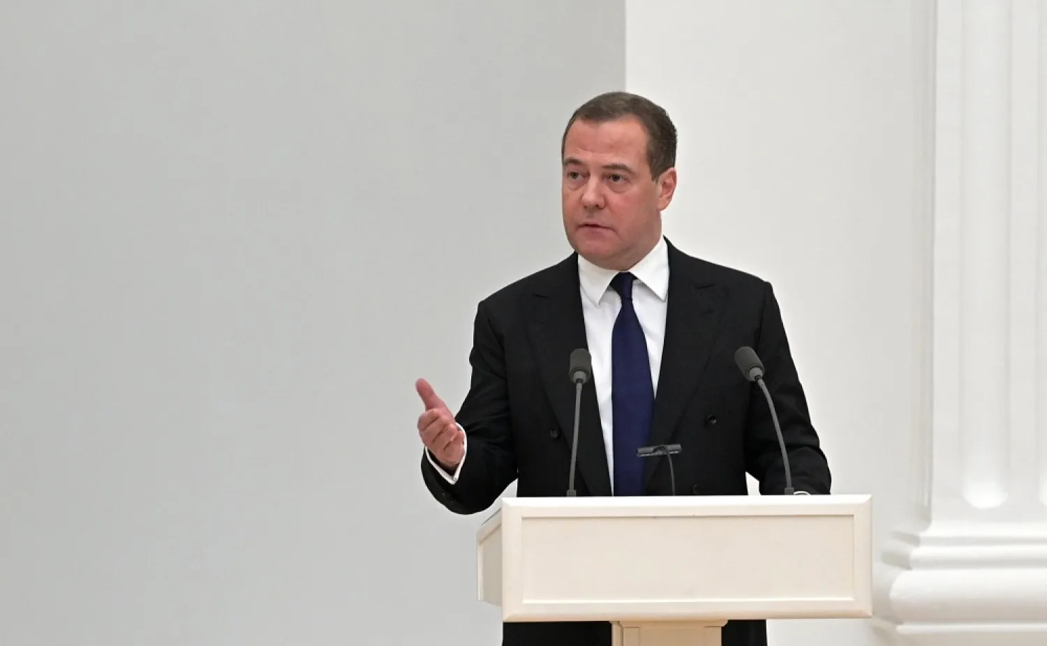 21 February 2022, Russia, Moscow: Dmitry Medvedev, then Deputy Chairman of the Russian Security Council, speaks at a council meeting in Moscow. (Kremlin/dpa)