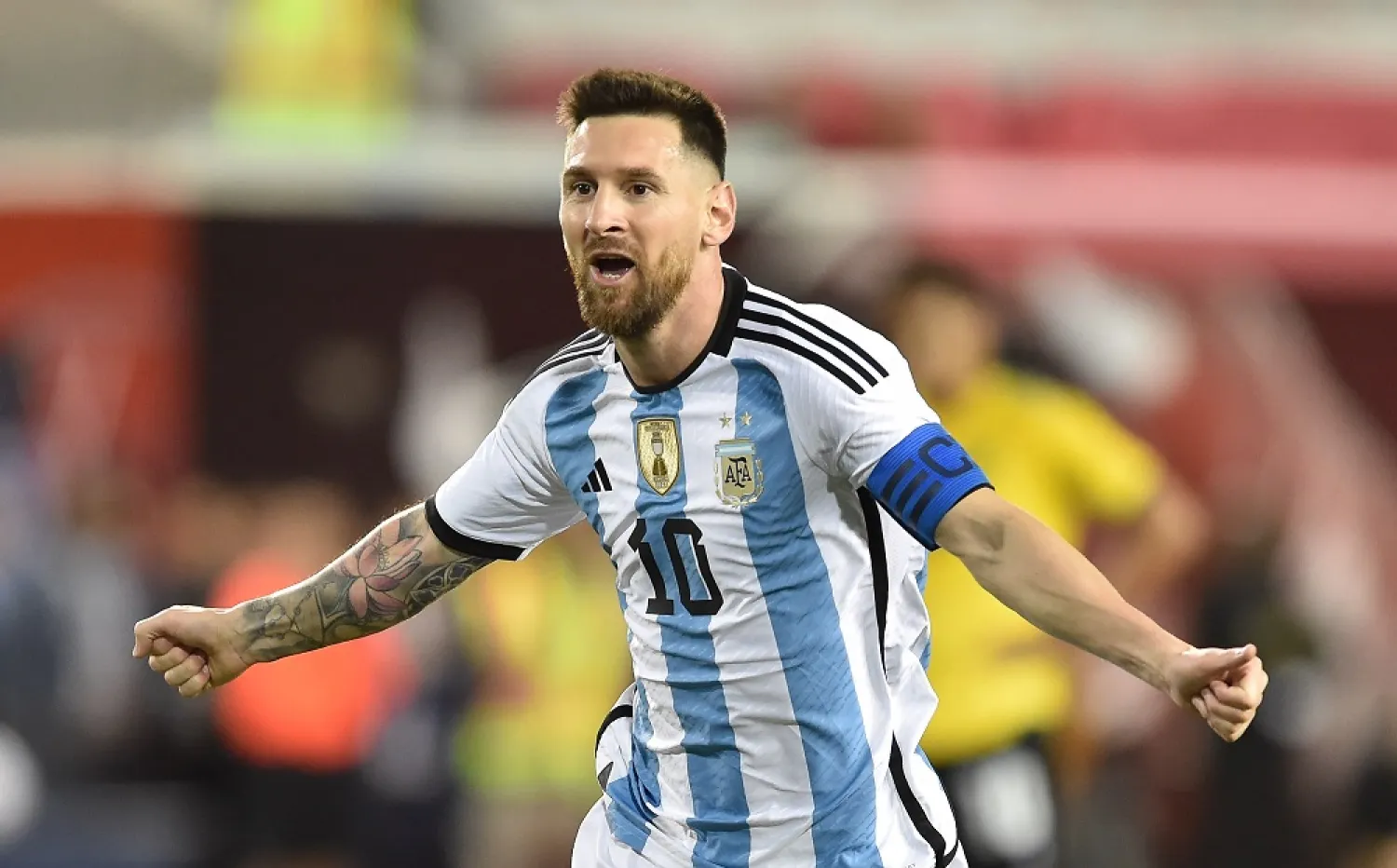 27 September 2022, US, Harrison: Argentina's Lionel Messi celebrates after scoring a goal during the friendly match between Argentina and Jamaica at Red Bull Arena. (dpa)