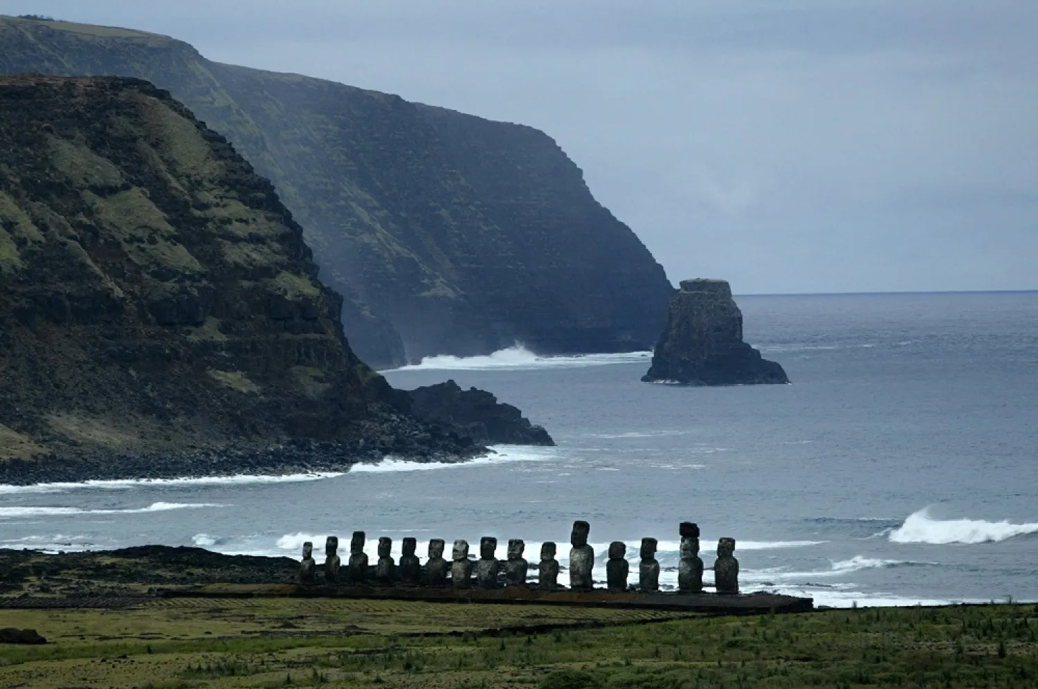 A view of Moai statues at Tongariki bay on Easter Island, 4,000 km west of Santiago, October 20, 2003. (Reuters)