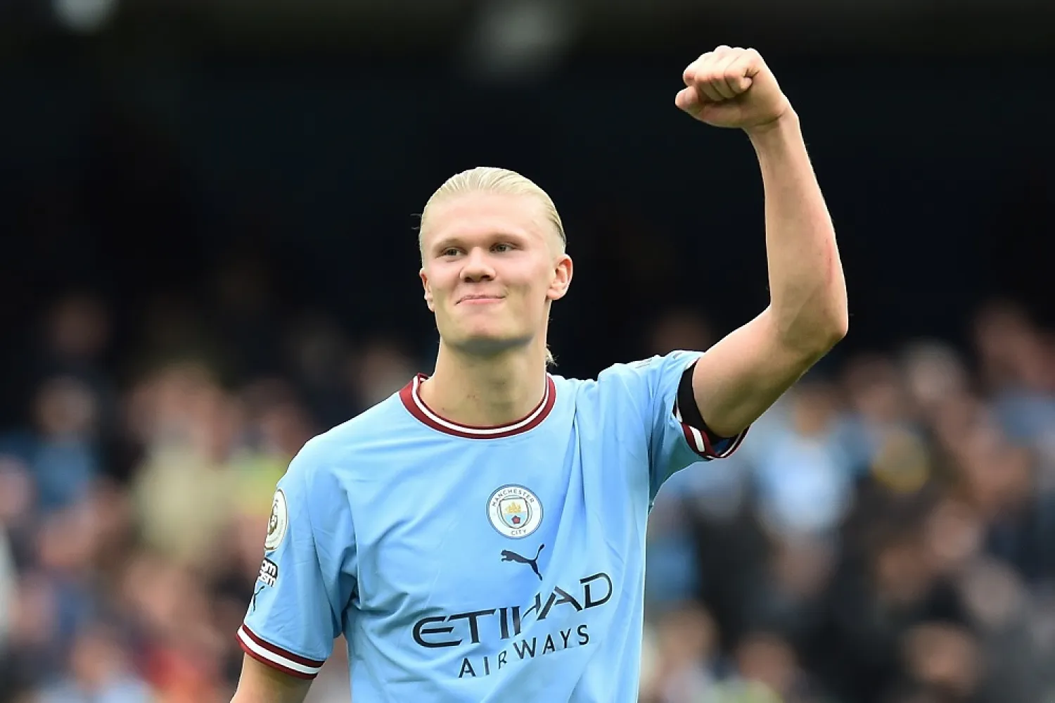 Erling Haaland of Manchester City celebrates after the English Premier League match between Manchester City and Manchester United at Etihad Stadium in Manchester, Britain, 02 October 2022. (EPA)