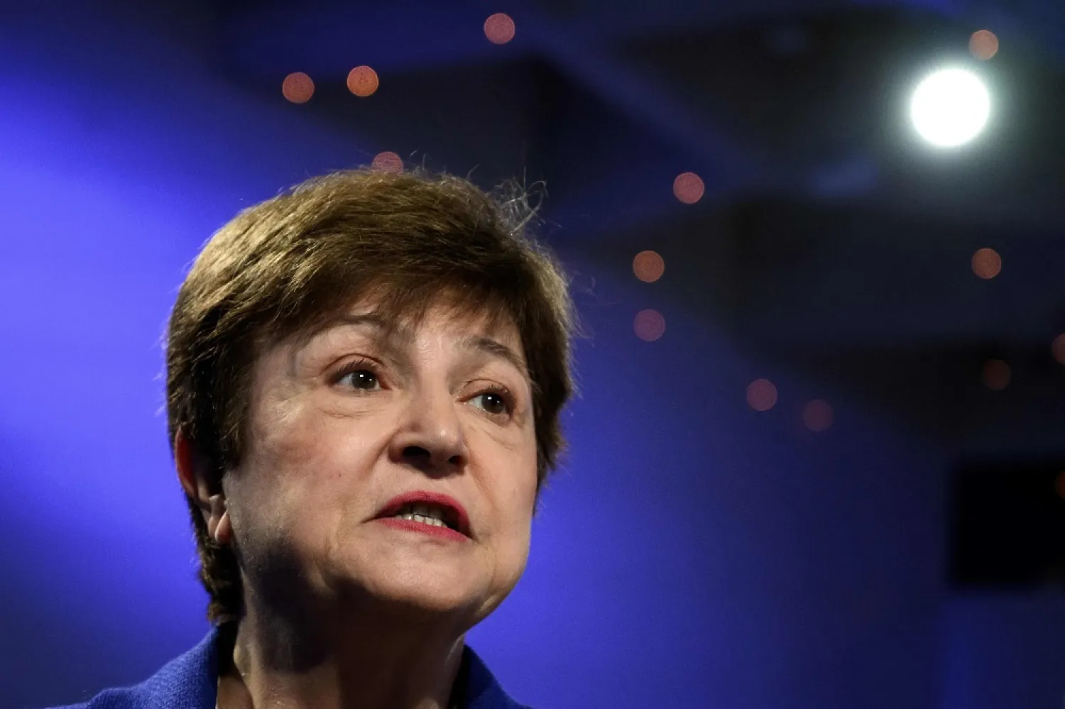 In this file photo taken on May 23, 2022 International Monetary Fund (IMF) managing director Kristalina Georgieva delivers a speech at the Congress center during the World Economic Forum (WEF) annual meeting in Davos. (AFP)