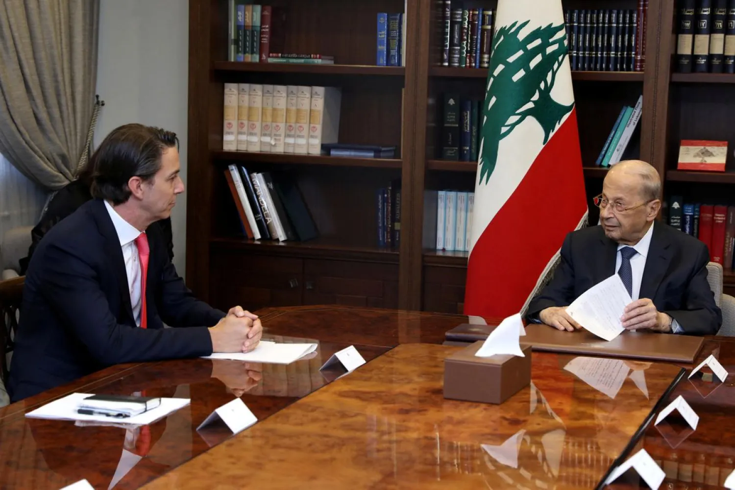 Lebanon's President Michel Aoun meets with U.S. Senior Advisor for Energy Security Amos Hochstein at the presidential palace in Baabda, Lebanon September 9, 2022. Dalati Nohra/Handout via REUTERS