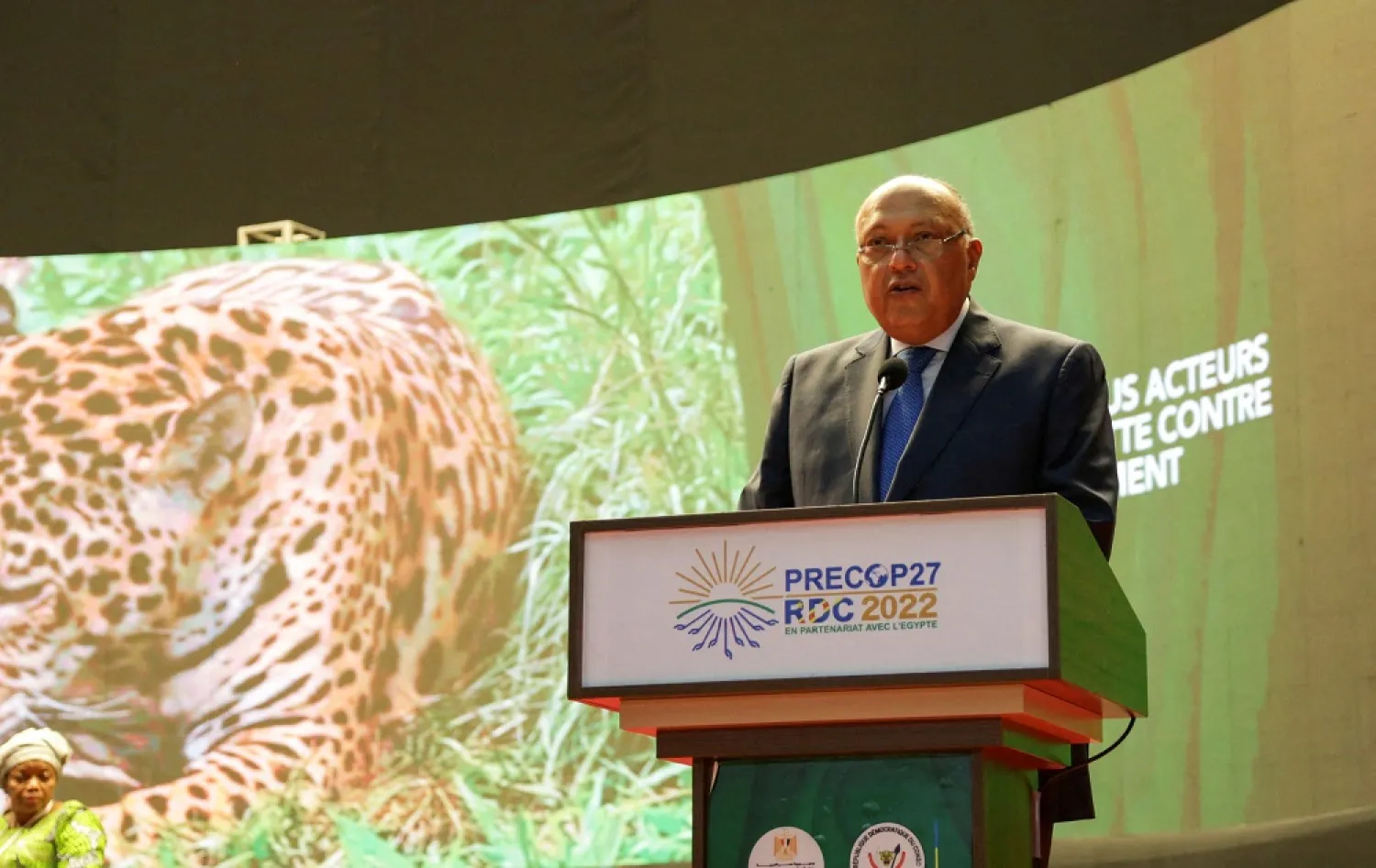 Sameh Shoukry, Egyptian Foreign Minister, speaks during an informal ministerial meeting ahead of the COP27 climate summit, in Kinshasa, Democratic Republic of Congo October 3, 2022. (Reuters)