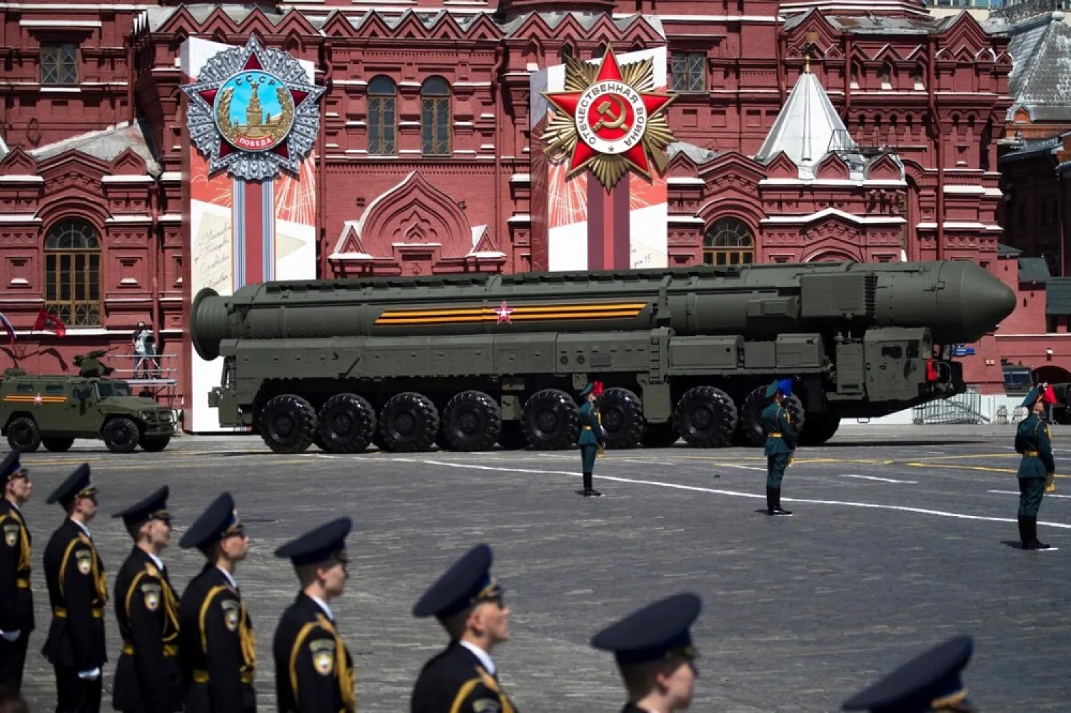 A Russian army RS-24 Yars ballistic missile system moves through Red Square during a military parade in 2020. (AFP)