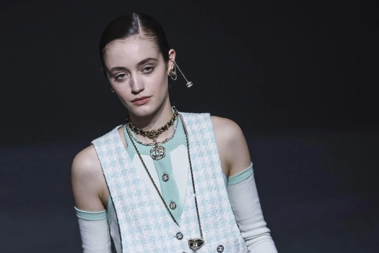 A model wears a creation for the Chanel ready-to-wear Spring/Summer 2023 fashion collection presented Tuesday, Oct. 4, 2022 in Paris. (AP)