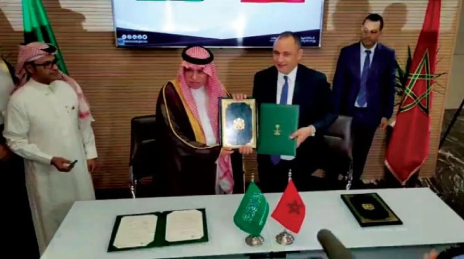 Morocco’s Minister of Trade and Industry and his Saudi counterpart during the signing of the two MoUs in Rabat on Monday, October 3, 2022. (Asharq Al-Awsat)  