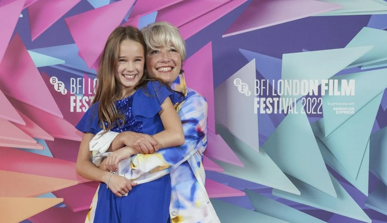 Emma Thompson, right, and Alisha Weir pose for photographers at the photo call for the film "Roald Dahl's Matilda The Musical" during the 2022 BFI London Film Festival in London, Wednesday, Oct. 5, 2022. (AP)