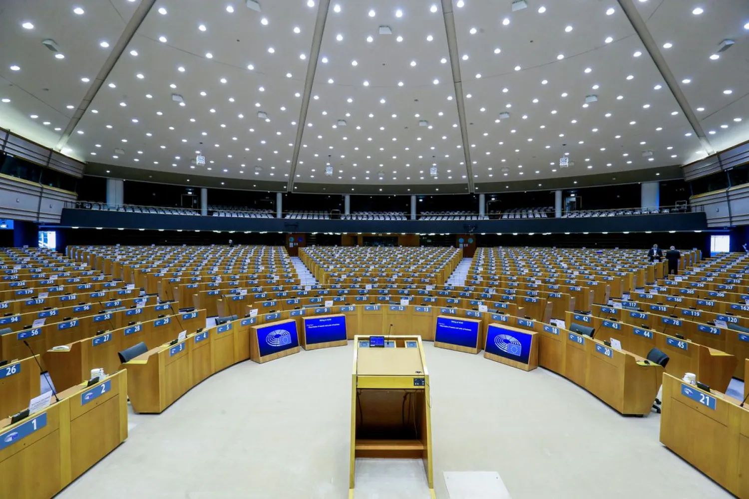 A view of the hemicycle ahead of a plenary session of the European Parliament in Brussels, Belgium March 24, 2021. Stephanie Lecocq/Pool via REUTERS/File Photo
