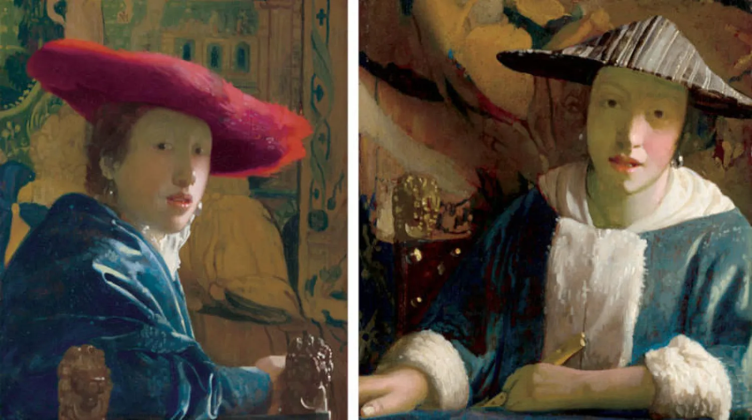 لوحة «الفتاة ذات المزمار» ولوحة «الفتاة ذات القبعة الحمراء» تظهران تشابهات كثيرة ولكن أولاهما مقلدة (نيويورك تايمز)