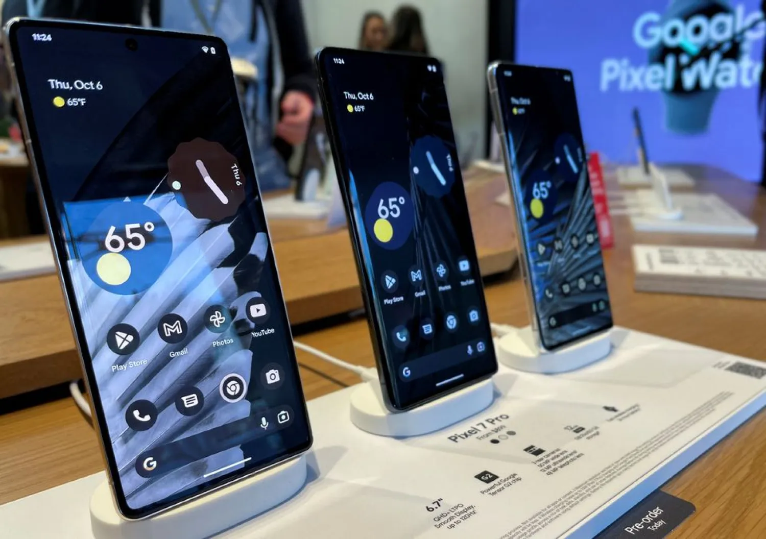 New Google Pixel 7 Pro smartphones are displayed at a launch event for new Google hardware devices in the Brooklyn borough of New York City, New York, US, October 6, 2022. REUTERS/Roselle Chen