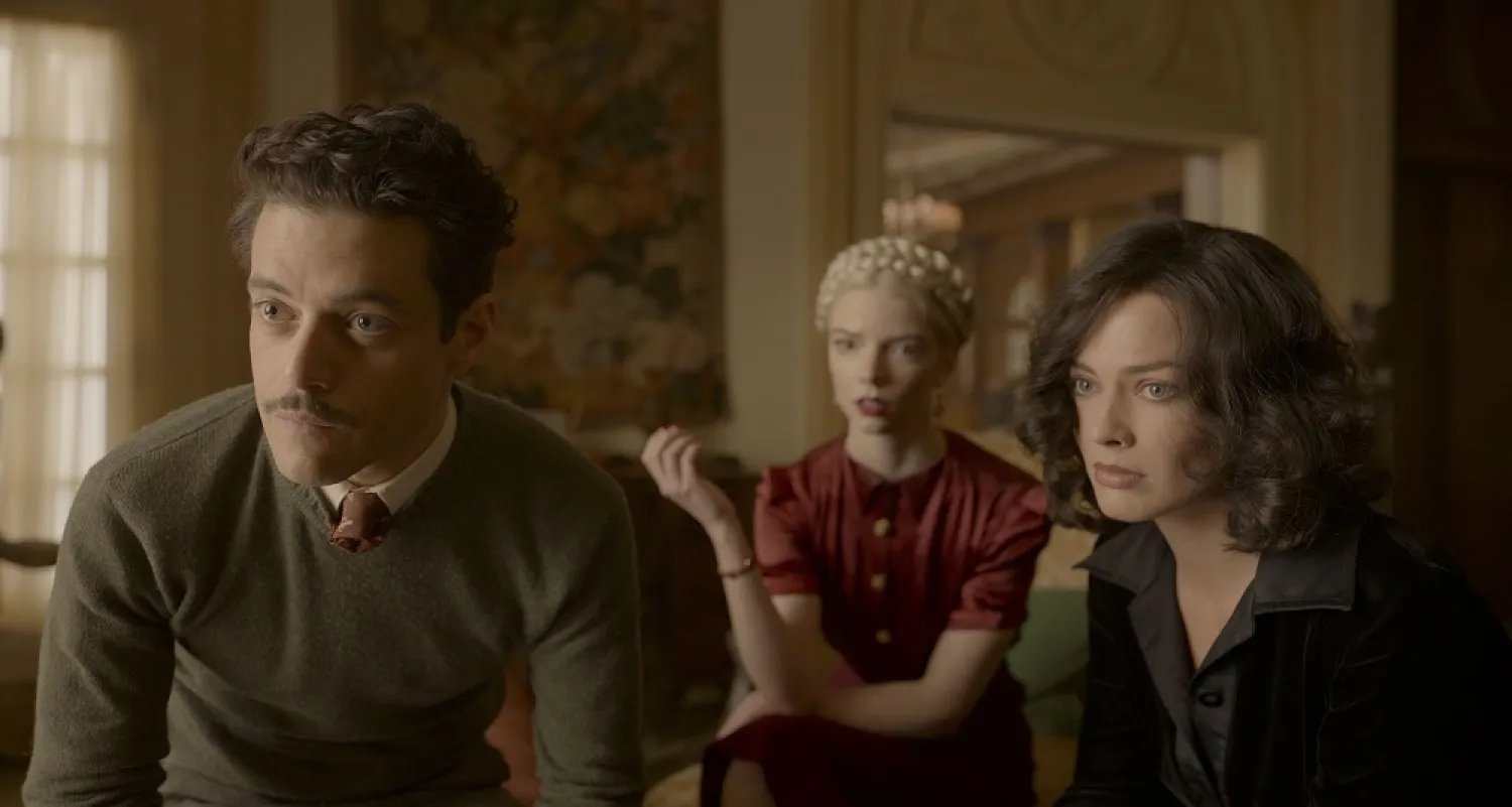 This image released by 20th Century Studios shows, from left, Rami Malek, Anya Taylor-Joy, and Margot Robbie in a scene from "Amsterdam." (20th Century Studios via AP)