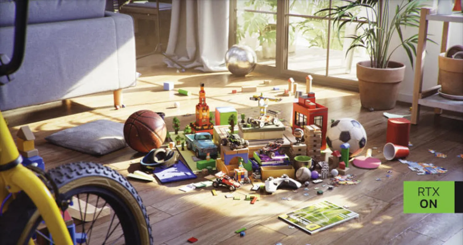 مثال مبهر على محاكاة تقنية تتبع الأشعة الضوئية في الوقت الفعلي لتبيان انعكاسات الضوء عن المواد المختلفة