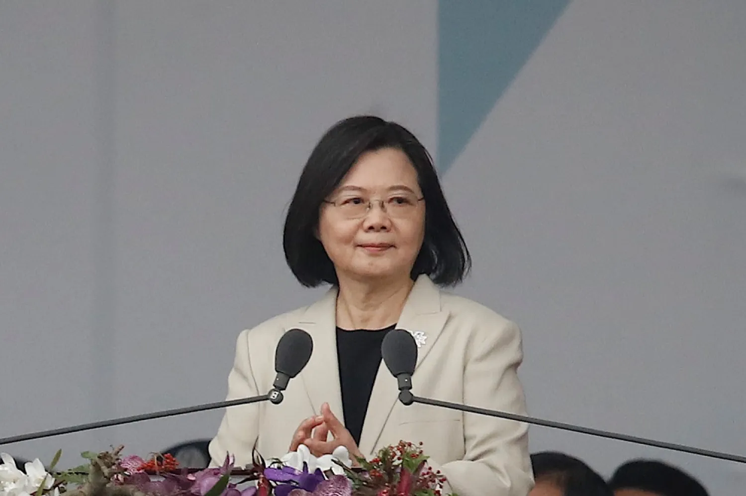 Taiwanese President Tsai Ing-wen delivers a speech during Taiwan's National Day celebrations outside the Presidential Palace in Taipei, Taiwan, 10 October 2022. (EPA)