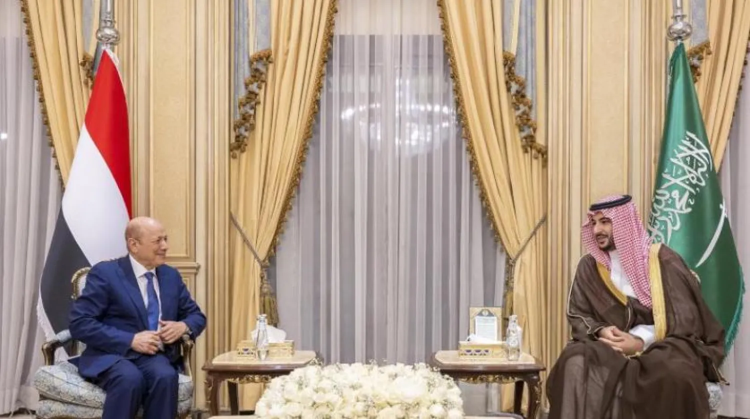 Saudi Defense Minister Prince Khalid bin Salman meets with Presidential Leadership Council Chairman Dr. Rashad al-Alimi in Riyadh. (Twitter)