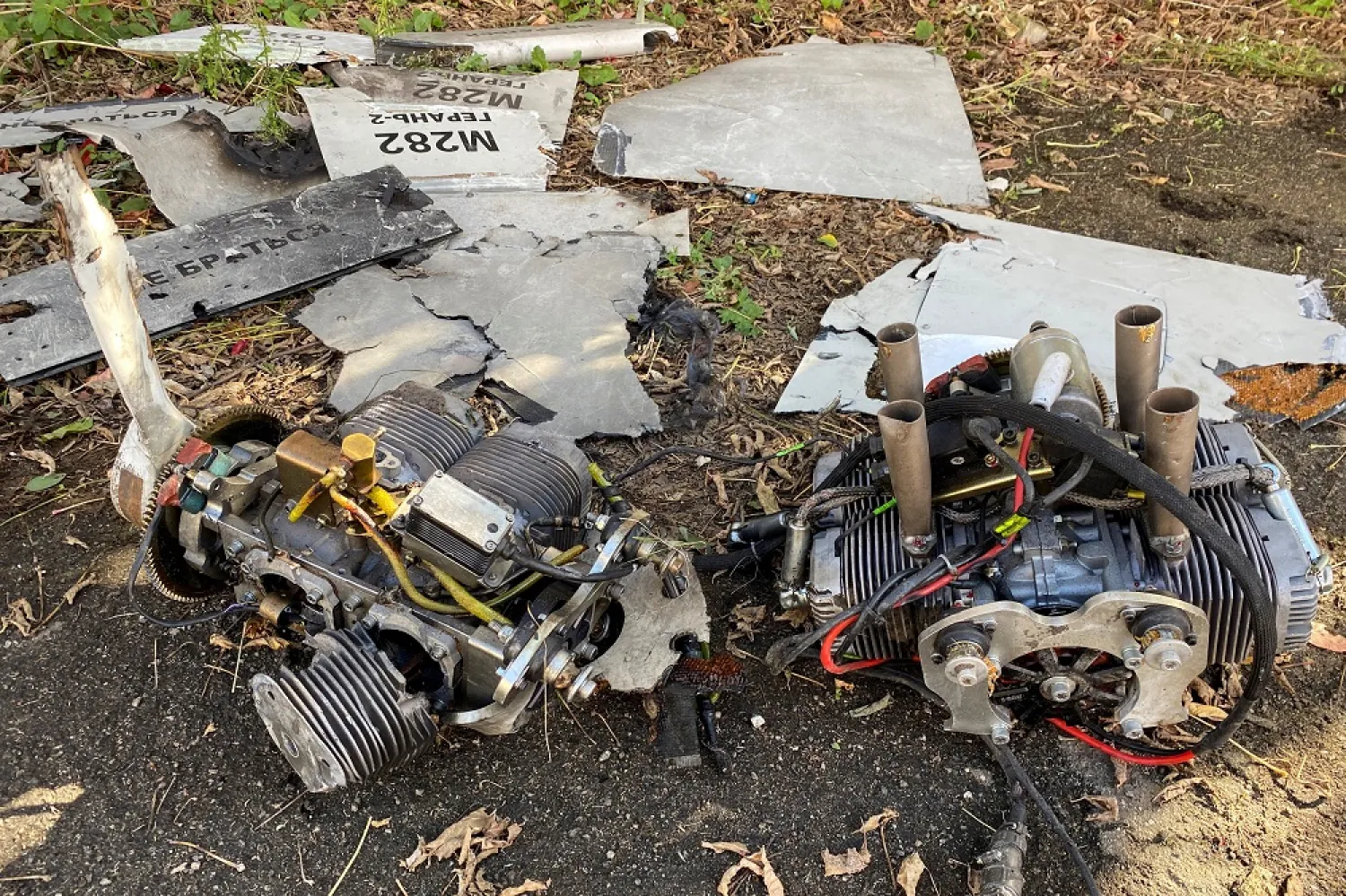Parts of an unmanned aerial vehicle (UAV), what Ukrainian authorities consider to be an Iranian made suicide drone Shahed-136, are seen found after Russian strike on fuel storage facilities, amid Russia's attack on Ukraine, in Kharkiv, Ukraine October 6, 2022. (Reuters)