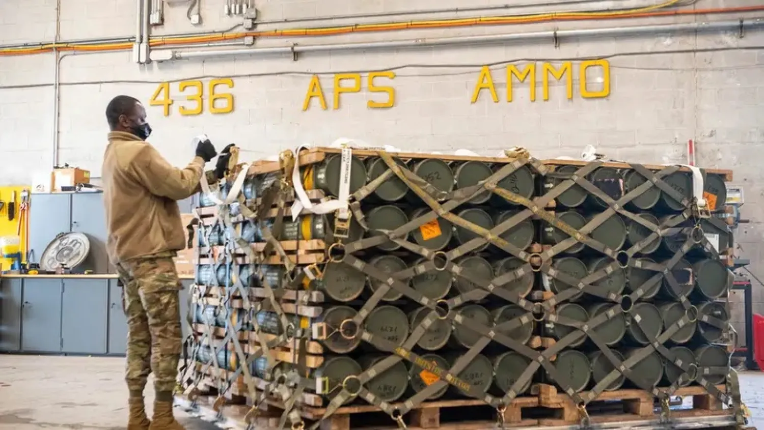 Ammunition, weapons and other equipment bound for Ukraine during a foreign military sales mission at Dover Air Force Base, Del., Jan. 21, 2022. (AP)