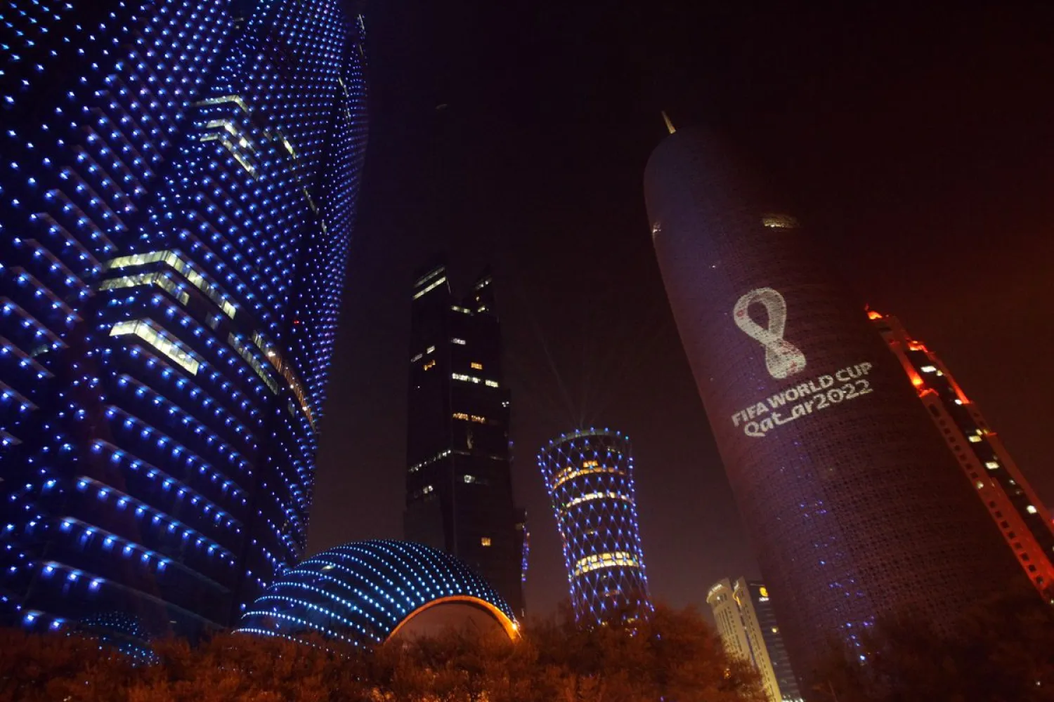 The tournament's official logo for the 2022 Qatar World Cup is seen on the Doha Tower, in Doha, Qatar, September 3, 2019. REUTERS/Naseem Zeitoun