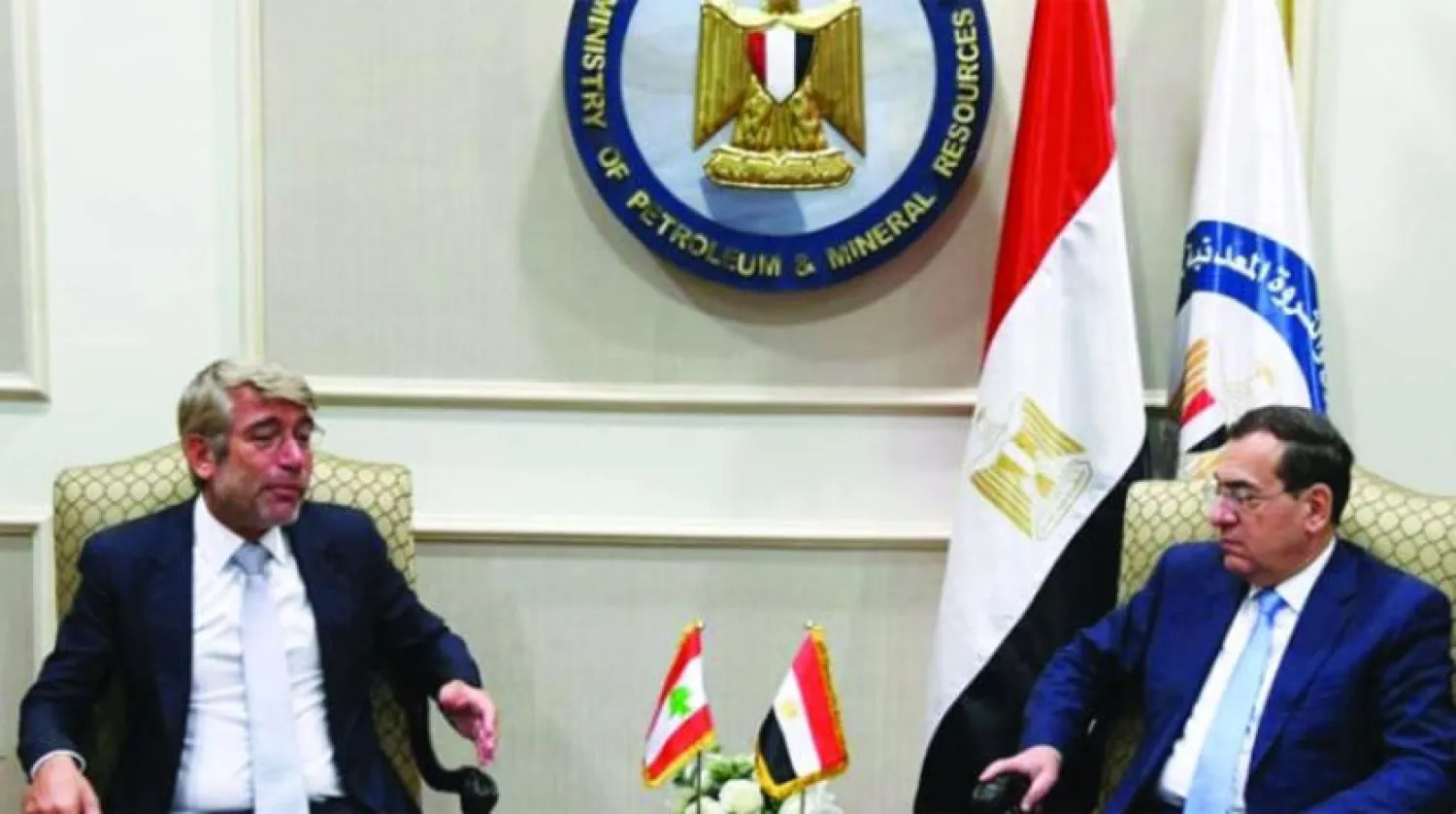Lebanese caretaker Minister of Energy and Water Walid Fayyad and Egyptian Minister of Petroleum and Mineral Resources Tarek el-Molla meet in Cairo. (Asharq Al-Awsat)