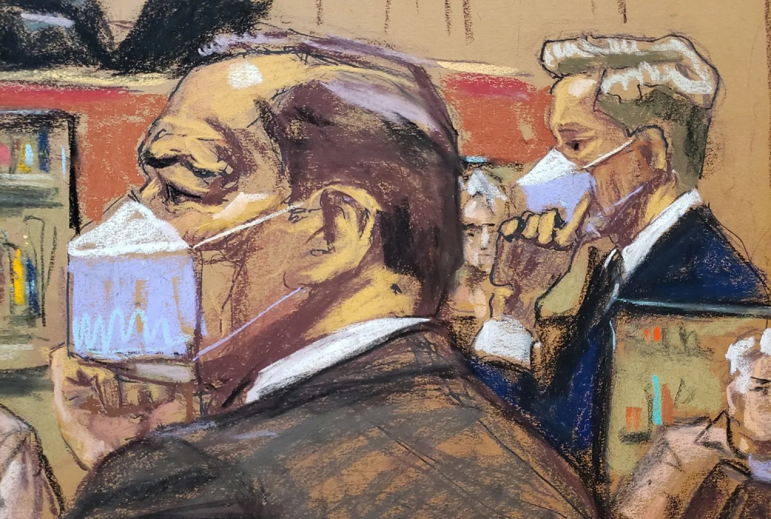 Kevin Spacey sits near Anthony Rapp as he listens as John Barrowman testifies via video during Rapp's civil sex abuse case against Spacey in this courtroom sketch from the trial in New York, US, October 17, 2022. (Reuters)
