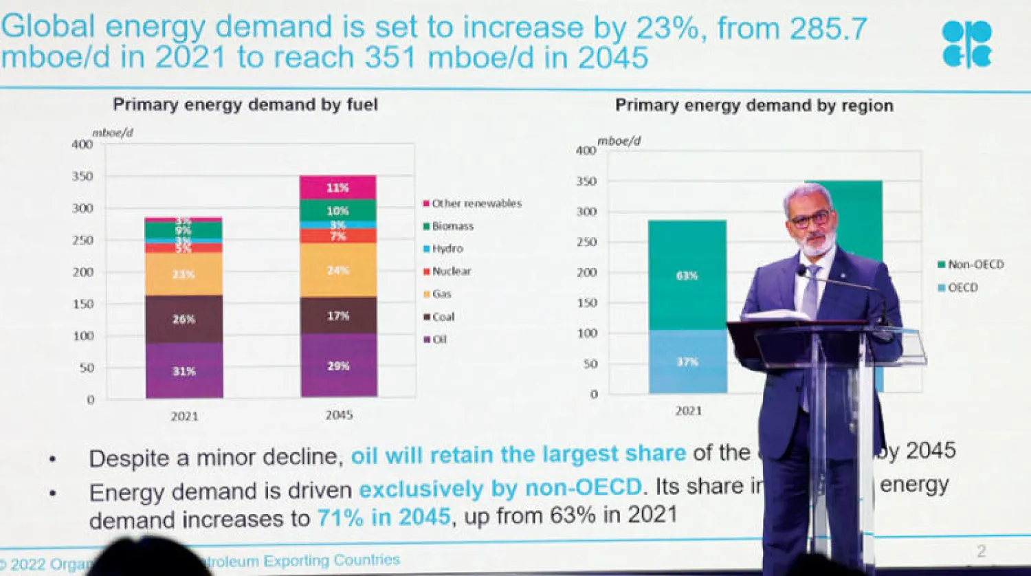 الأمين العام لـ«أوبك» هيثم الغيص خلال مؤتمر «أسبوع الطاقة الأفريقي» في كيب تاون أمس (رويترز)