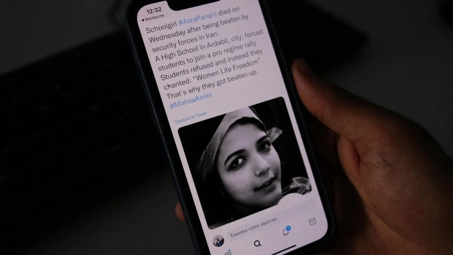 Fifteen-year-old Asra Panahi (pictured in tweet) died last week after being beaten during a raid by the security forces on her school, a teachers' union said, urging the authorities to stop killing "innocent" protesters. (AFP)