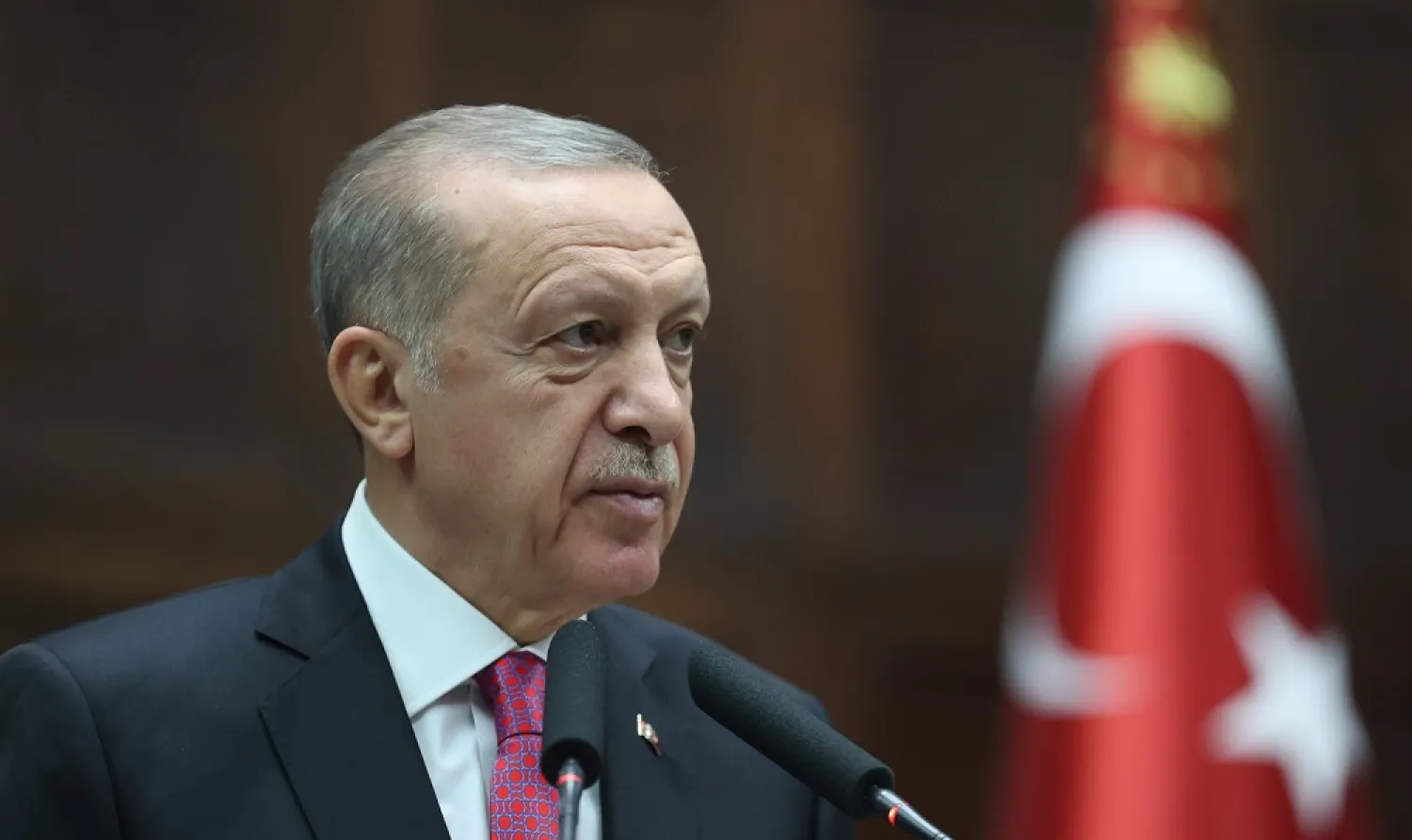 19 October 2022, Türkiye, Ankara: Turkish President Recep Tayyip Erdogan takes part in a parliamentary bloc meeting of his Justice and Development Party. (Turkish Presidency/dpa)