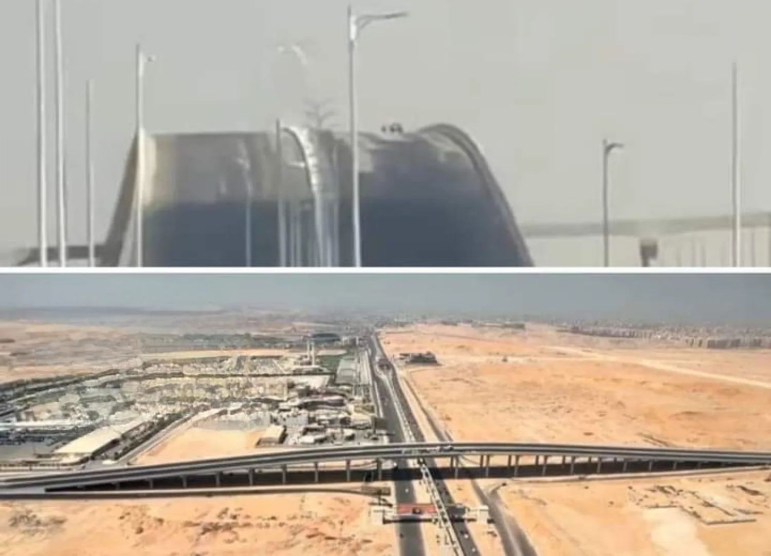 صورة تجمع اللقطة المثيرة للجدل (أعلى) للكوبري وأخرى بالتصوير العلوي (تويتر)