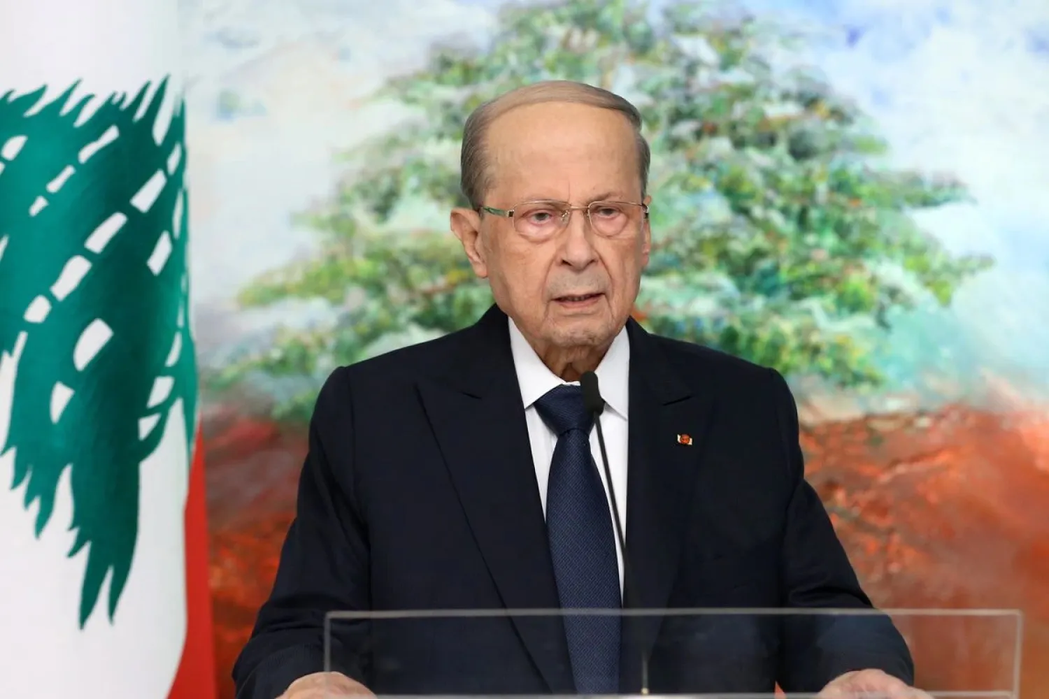 Lebanon's President Michel Aoun is seen in this handout picture released by Dalati Nohra on September 24, 2021, while addressing the United Nations General Assembly via a recorded video message, in Baabda, Lebanon. Dalati Nohra/Handout via REUTERS