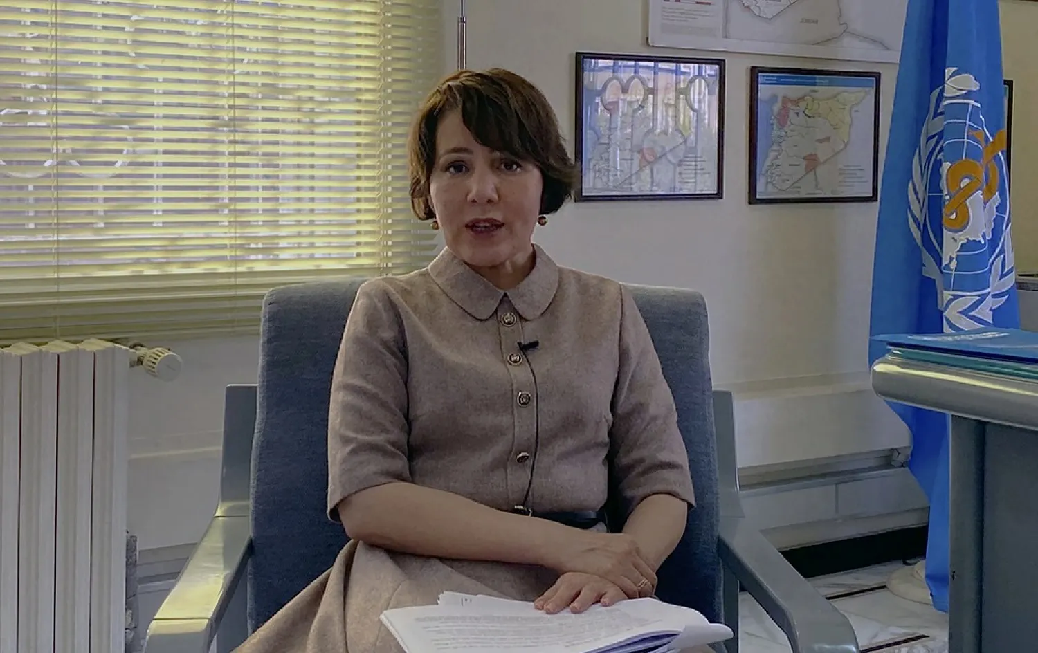 Dr. Akjemal Magtymova, the World Health Organization's representative in Syria, speaks during an interview at her office in Damascus, Syria, Tuesday, Feb. 2, 2021. (AP)