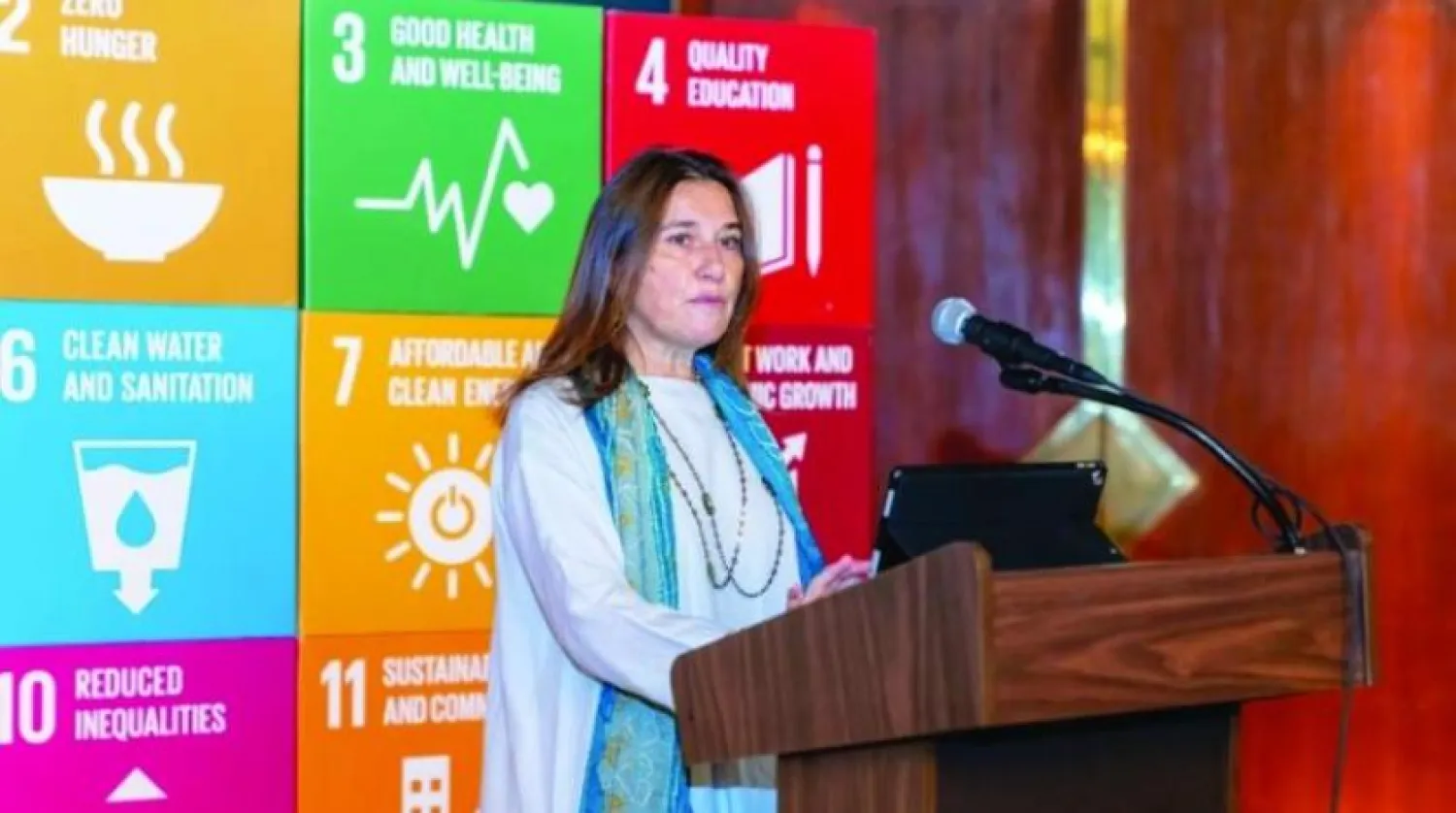  The United Nations Resident Coordinator in Saudi Arabia addressing the dialogue sessions in Riyadh on Monday (Asharq Al-Awsat)
