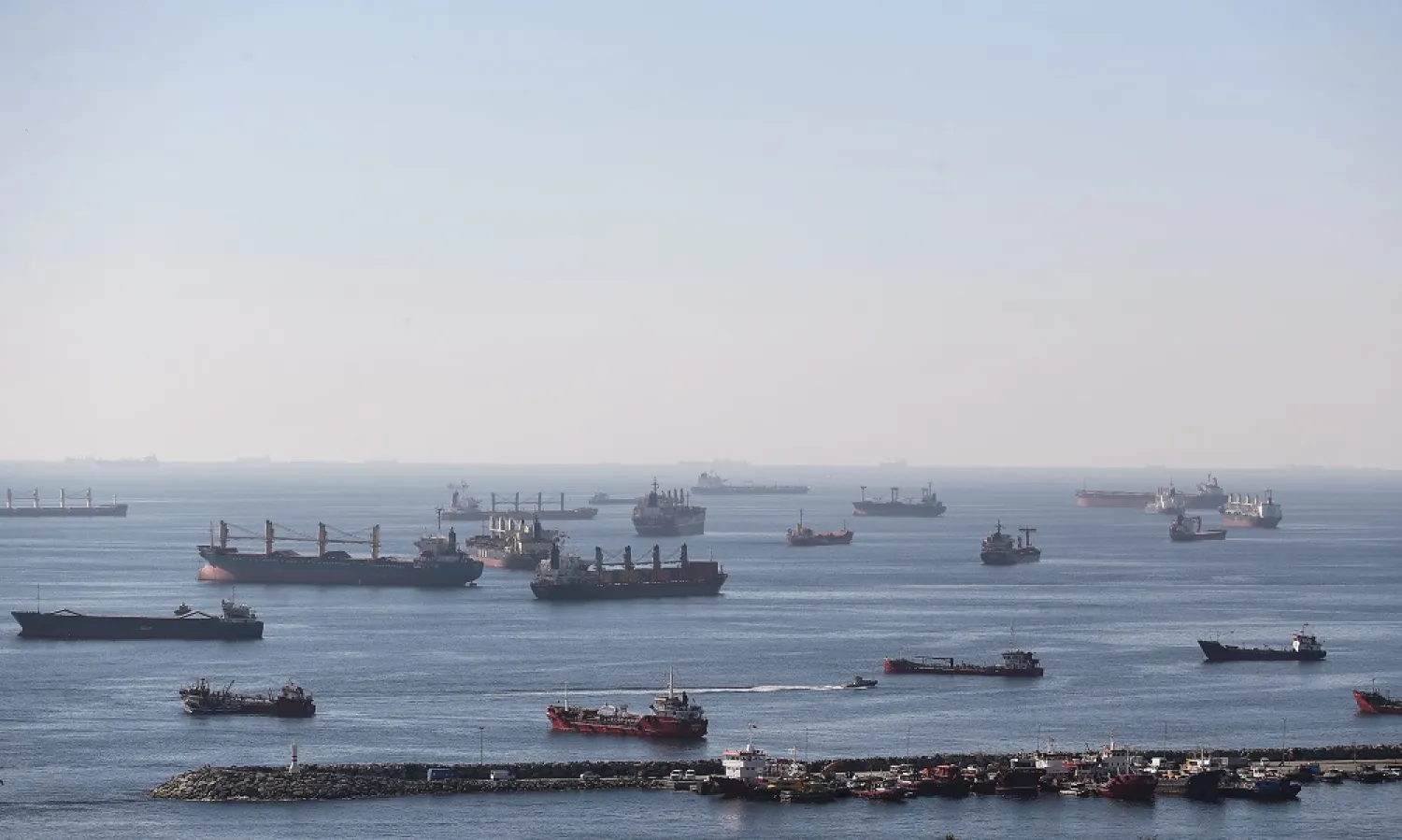 Cargo ships carrying Ukraine grain are anchored as they wait in line for the inspection on the Marmara sea, Istanbul, Türkiye, 22 October 2022. (EPA)