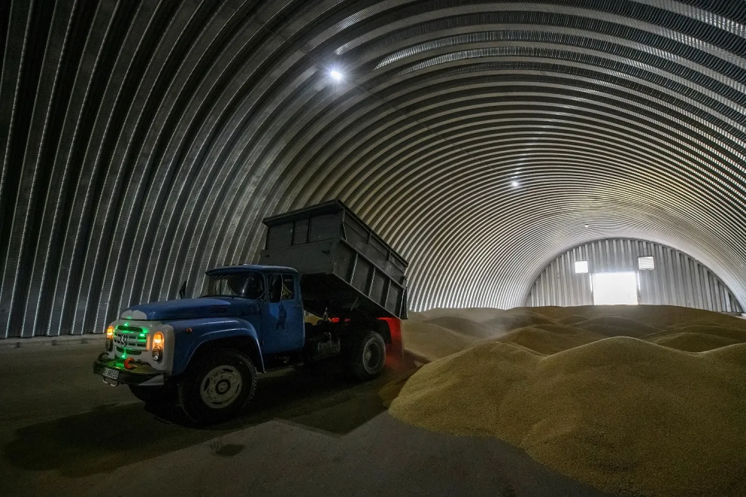 An employee unloads wheat grains inside a storage in the village of Zghurivka, amid Russia's attack on Ukraine, in Kyiv region, Ukraine August 9, 2022. (Reuters)