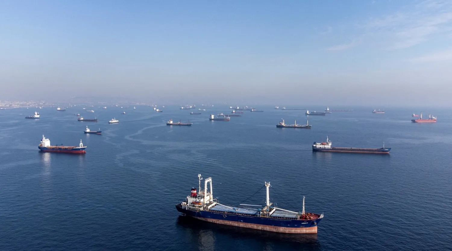Commercial vessels including vessels which are part of Black Sea grain deal wait to pass the Bosphorus strait off the shores of Yenikapi during a misty morning in Istanbul, Türkiye, October 31, 2022. (Reuters)