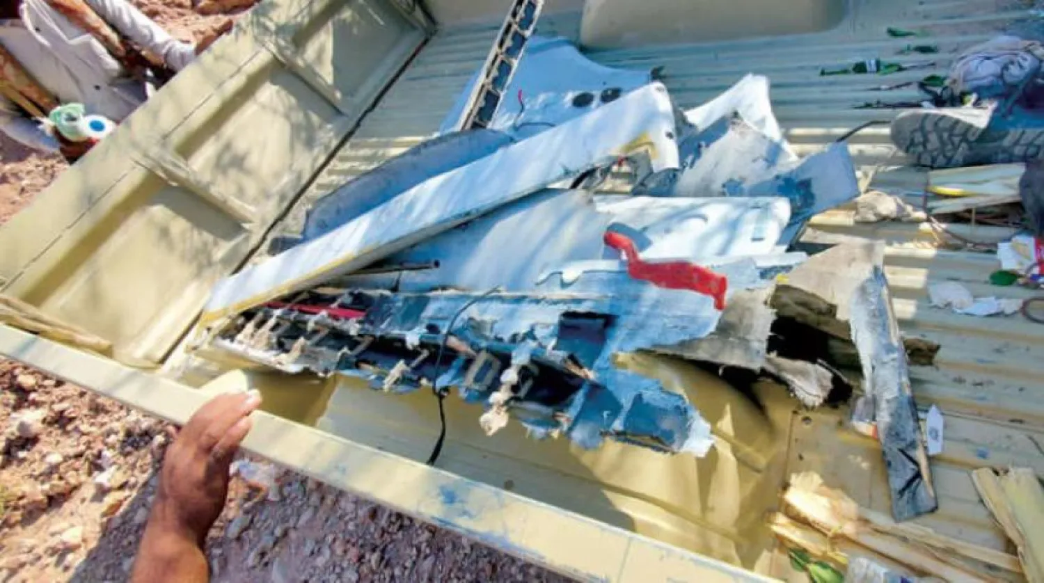 The remains of a Houthi drone that was downed by the Yemeni military in Shabwa on Thursday. (Yemeni military media) 