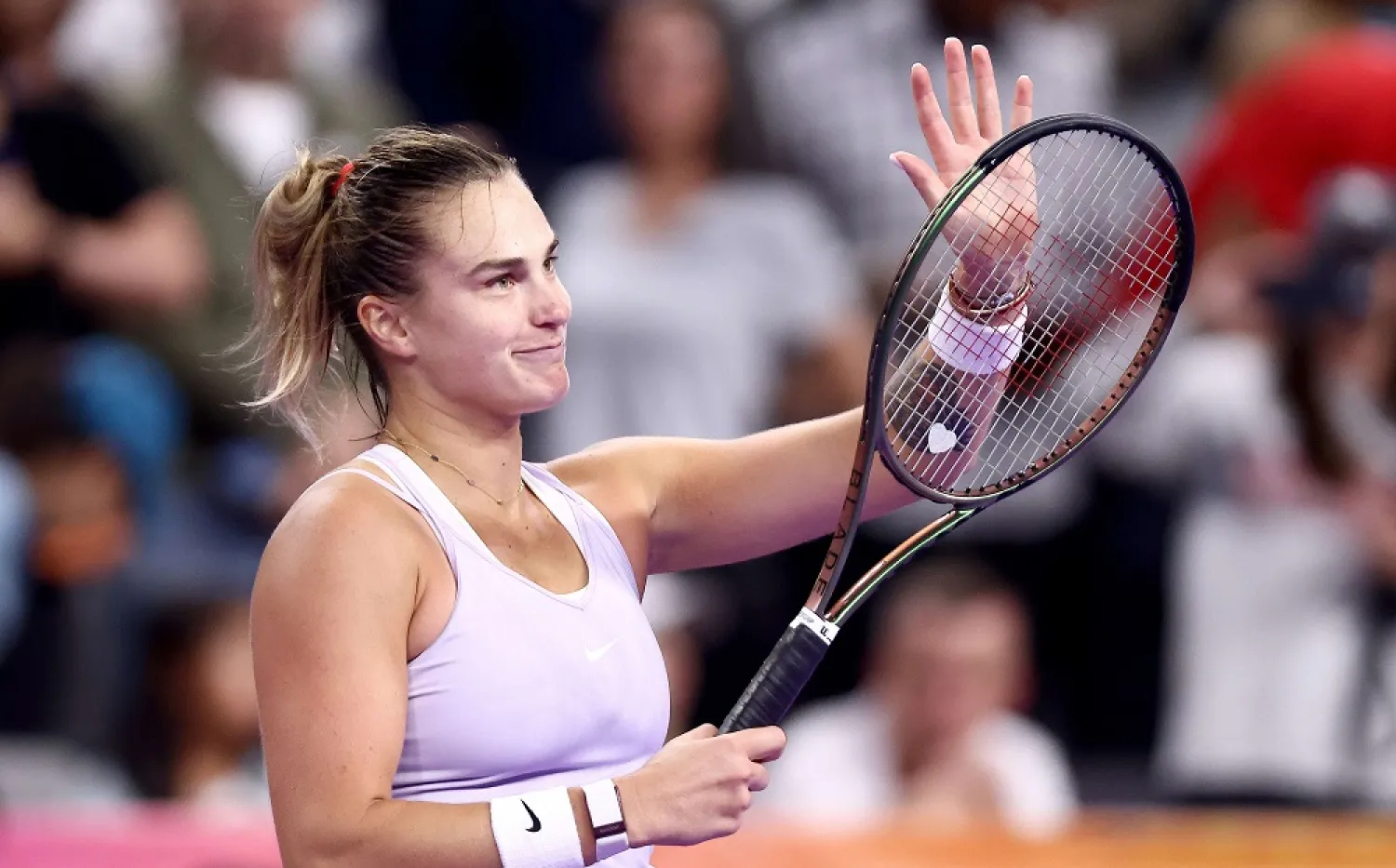 Aryna Sabalenka of Belarus celebrates after defeating Iga Swiatek of Poland in their Women's Singles Semifinal match during the 2022 WTA Finals, part of the Hologic WTA Tour, at Dickies Arena on November 06, 2022 in Fort Worth, Texas. (Getty Images/AFP)
