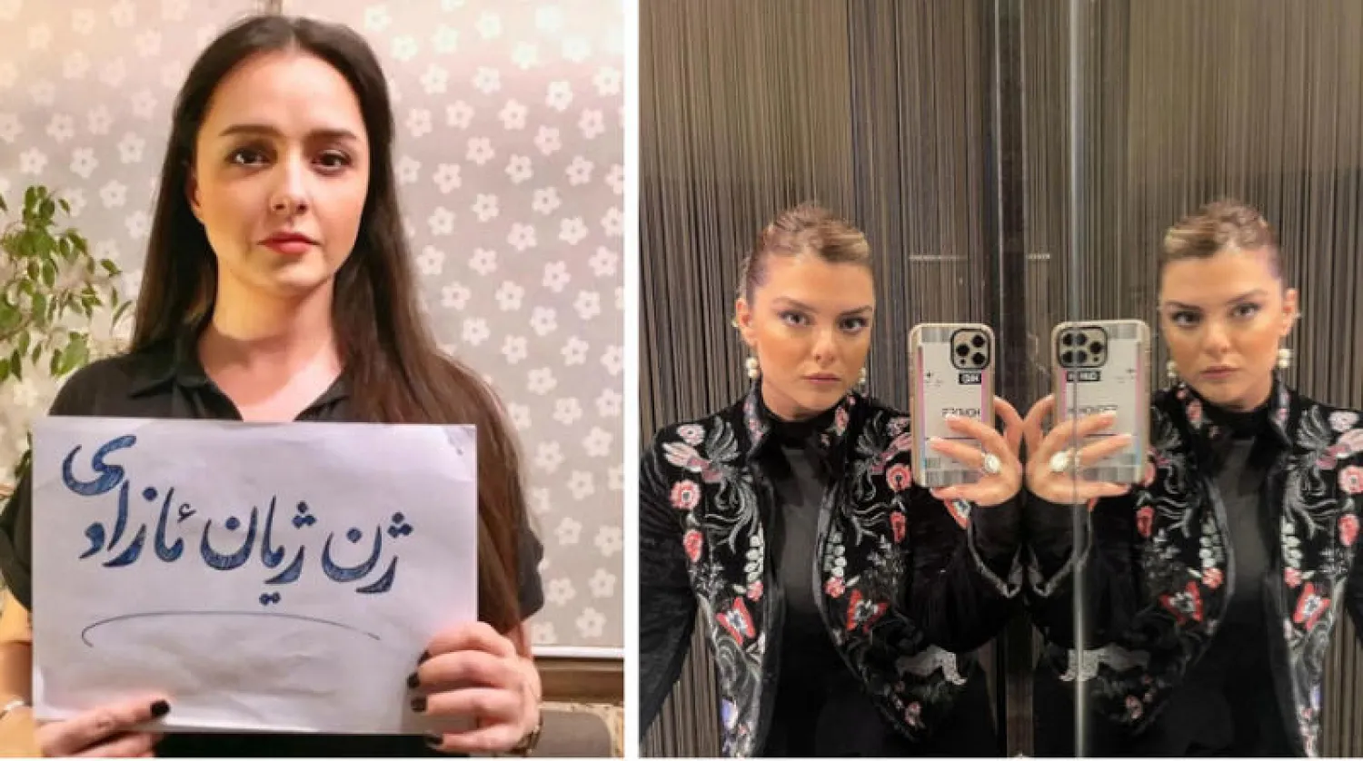 عليدوستي تمسك ورقه بيضاء بيدها كتب عليها شعار "المرأة، الحياة، الحرية" ومدني تلتقط صورة سلفي (رويترز)