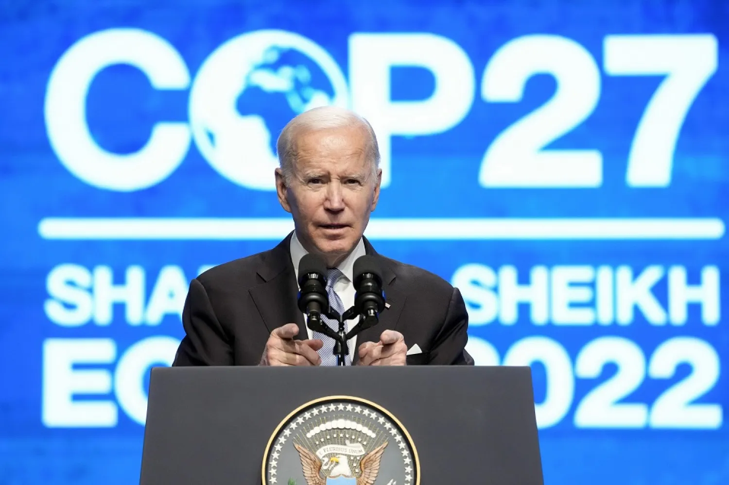 President Joe Biden speaks at the COP27 UN Climate Summit, Friday, Nov. 11, 2022, at Sharm el-Sheikh, Egypt. (AP)