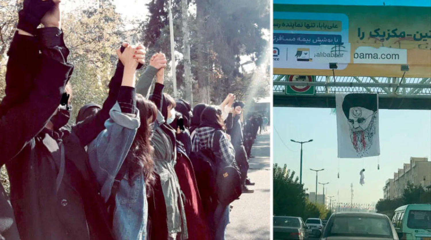 لافتة رفعها محتجون وتظهر المرشد الإيراني ملطخاً بالدماء (تويتر)  -  طالبات خلال وقفة احتجاجية بجامعة علامة أمس (نقابة الطلاب)