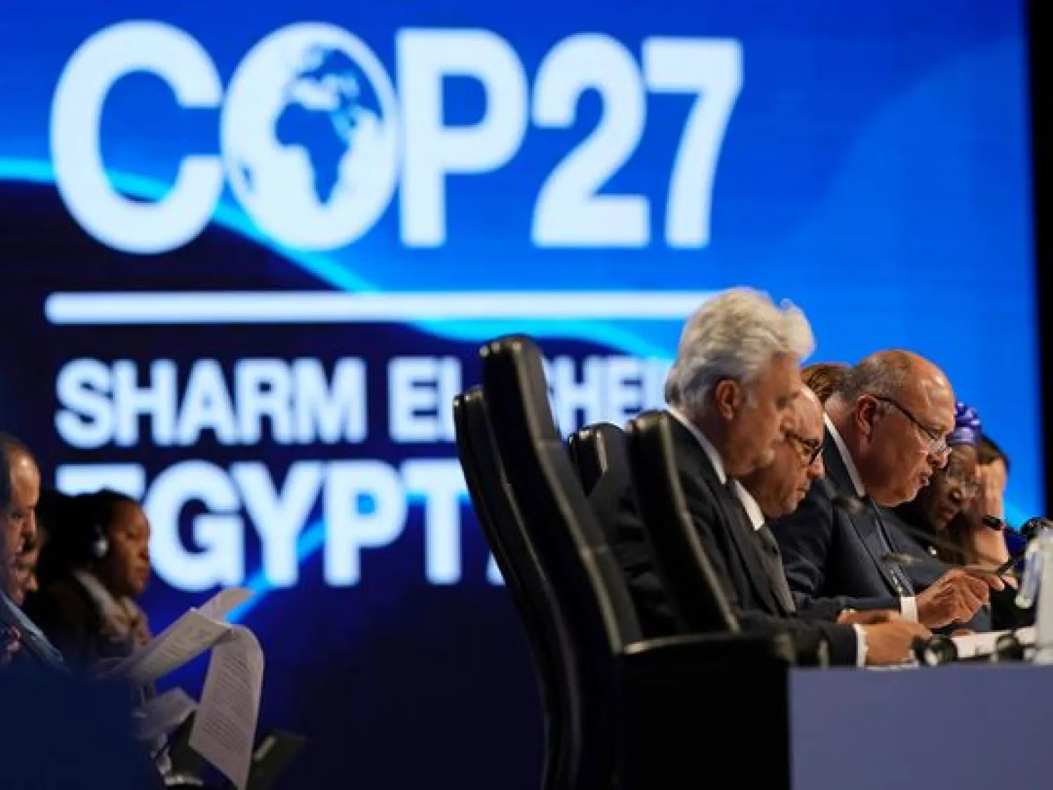 Sameh Shoukry, president of the COP27 climate summit, right, speaks during a closing plenary session at the UN Climate Summit. Image Credit: AP