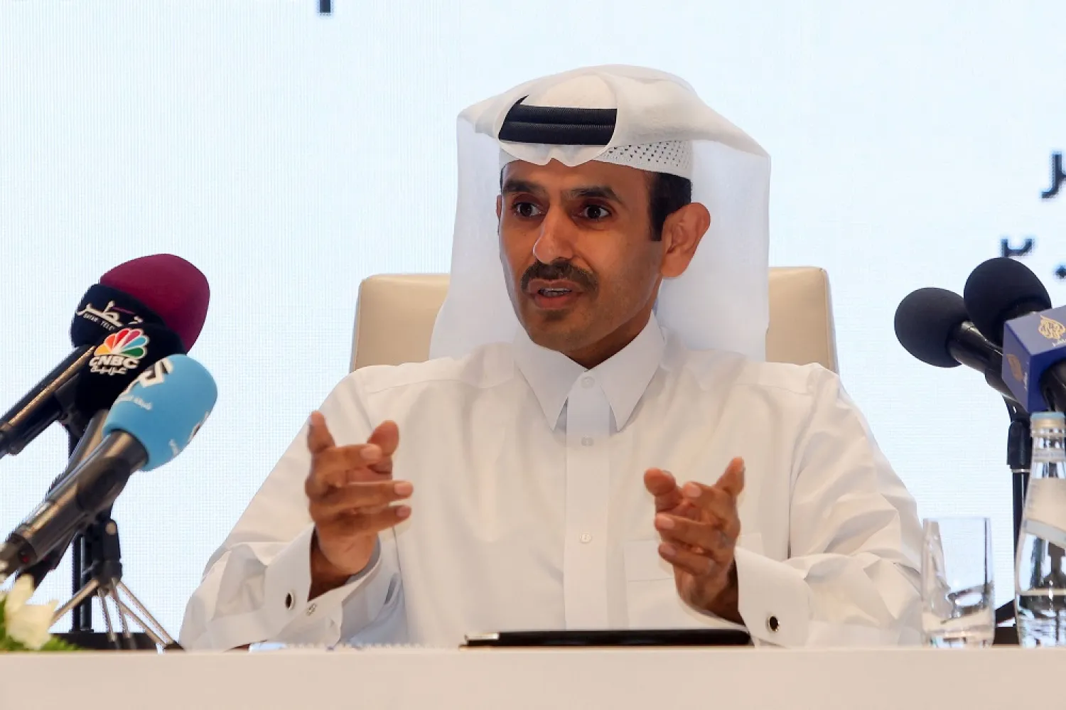 Qatar's Minister of State for Energy Affairs and President and CEO of QatarEnergy Saad Sherida al-Kaabi speaks at a press conference after signing an agreement with the CEO of American multinational corporation ConocoPhillips, at the QatarEnergy headquarters in Doha on October 30, 2022. (AFP)