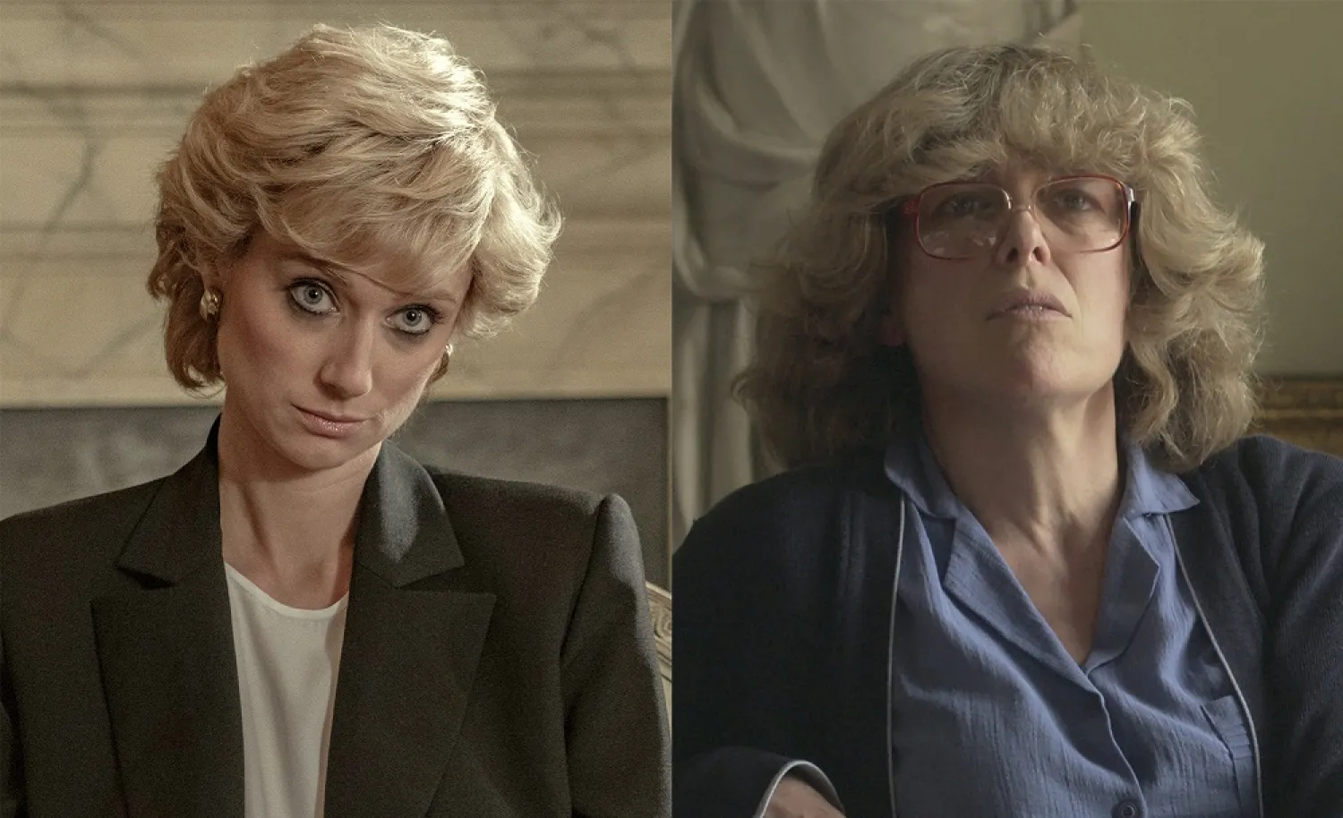 This combination of photos released by Netflix shows Elizabeth Debicki as Princess Diana, left, and Olivia Williams as Camilla Parker Bowles in separate scenes from "The Crown." (Netflix via AP)